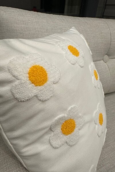 SİMEREV HALI HOME CONSEPT Punch Nakışlı 2 Adet Krem Kumaş Sarı Beyaz Dokuma Kırlent Kılıfı Modern Bohem Desen Kılıf