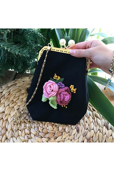Home Black Linen Vintage Style Bag with Rose Embroidery Detail. 18X18 Dimensions. 100% Handmade
