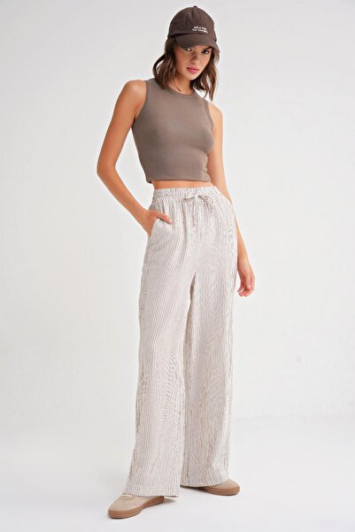 Mixray 4729 Women's Thin Striped Palazzo Loose Fit Muslin Pants Brown