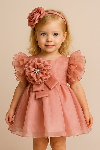 Mialora Special Design Girl's Dress, Flower and Pearl Detail, Ruffle Sleeves, Crown Accessory