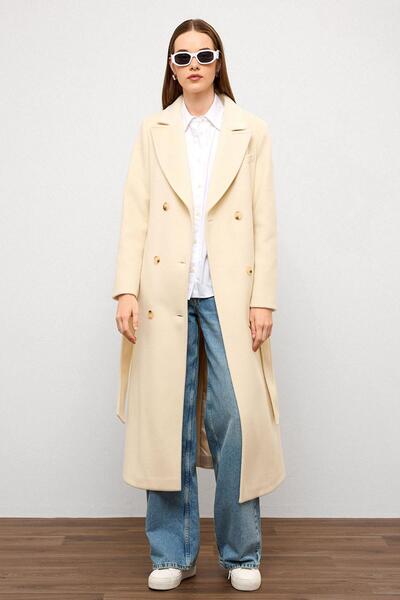 Olcay Jacket Collar Double Breasted Medium Coat Ecru 3094