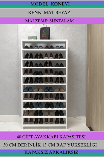 Kenzlife Ayakkabılık Konevi Mat Beyaz Suntalam 155*080*30 Kırk Çift Ayakkabı Kapasitesi Arkalıksız