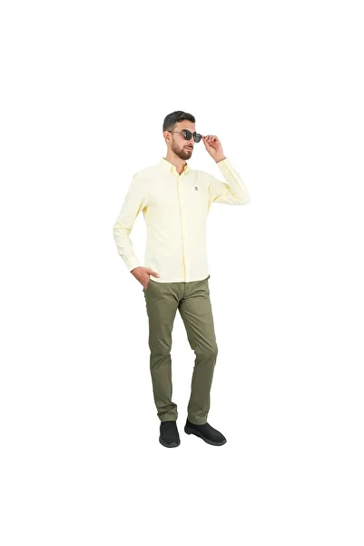 Giordano Men's Cotton Oxford Shirt - Small Lion Embroidery, Slim Fit, Full Button