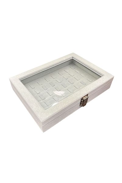 STAND MARKET Multi-Compartment Sausage Model Ring Box with Glass Lid - Alcantara Gray