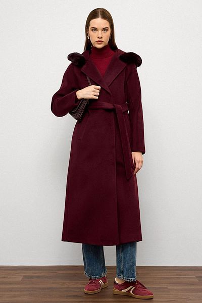 Olcay Fur Hooded Waist Tie Long Coat Murdum 3107