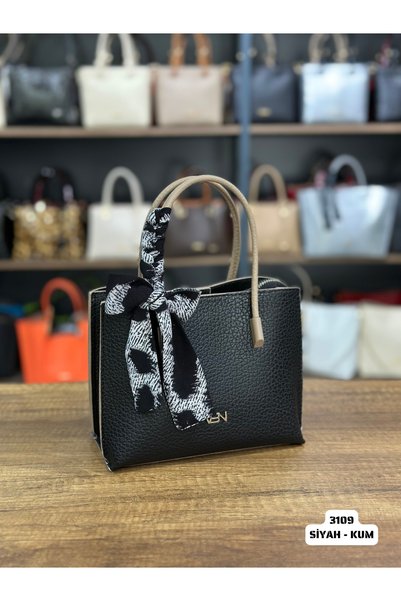 VICTORIA SHINE Model 3109 - Fular Detail Hand and Shoulder Bag - (Black Sand)
