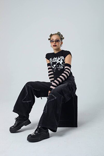 Rbgstore Kadın Siyah Gotik Şalvar Kargo Kot Yıldızlı Harajuku Y2k pantolon