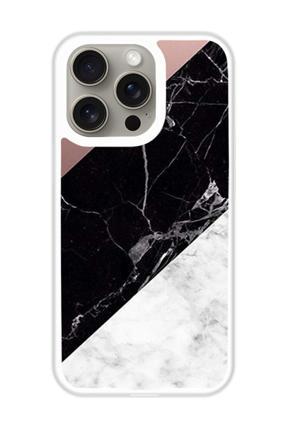 Theodor غطاء حماية لهاتف أبل آيفون 15 برو، سطح رخامي أسود (مصد أبيض)