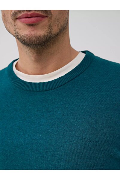 s.Oliver Men's sweater with embroidered logo and scoop neck, Regular fit