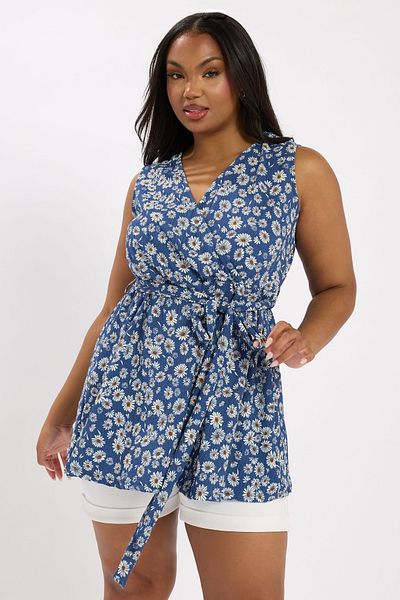 Stil Diva Plus Size V-Neck Zero Sleeve Floral Print Belted Wrap Blouse 322681