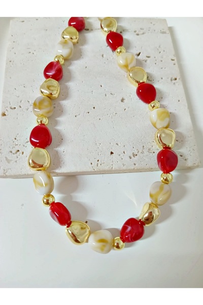 mos&more Burgundy Cream Gold Beaded Stylish Women's Necklace