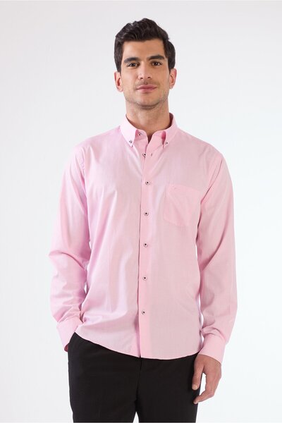 Dufy Pink Men's Regular Fit Check Brent Collar Long Sleeve Shirt - 102579