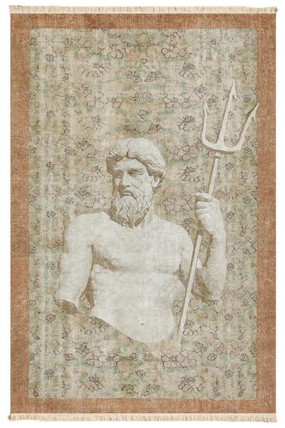 Markaev Poseidon Heykeli Mitolojik Tasarımlı Eskitme Dekoratif Halı Dokuma Ta...