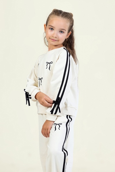 DMB BOYS & GIRLS Girl's Bow Patterned Tracksuit Set with Stripes on the Sides and Elastic Waist Comfortable Fit