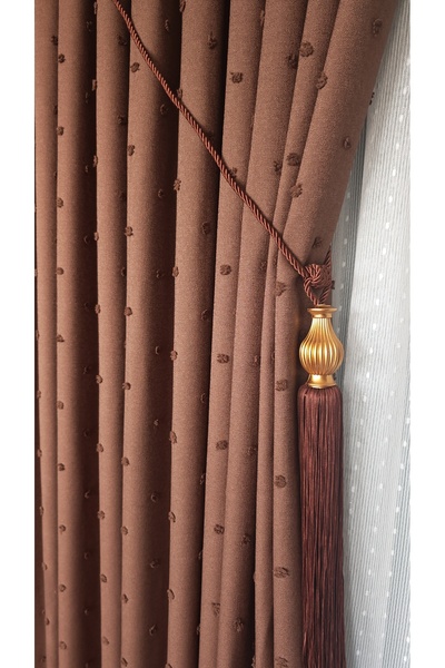 Yuka Linen Textured Pompom Brown Panel Backdrop Curtain Luxury Heavy Weight Tek Wing 1/3 Squeeze Pleated