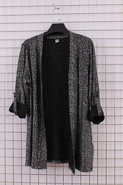 YXL COLLECTION Women's Plus Size Lycra Epaulettes Silver Foil Print Detailed Tape Collar Long Sleeve Cardigan