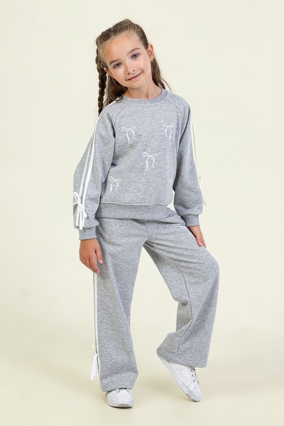 DMB BOYS & GIRLS Girl's Bow Patterned Tracksuit Set with Stripes on the Sides and Elastic Waist Comfortable Fit