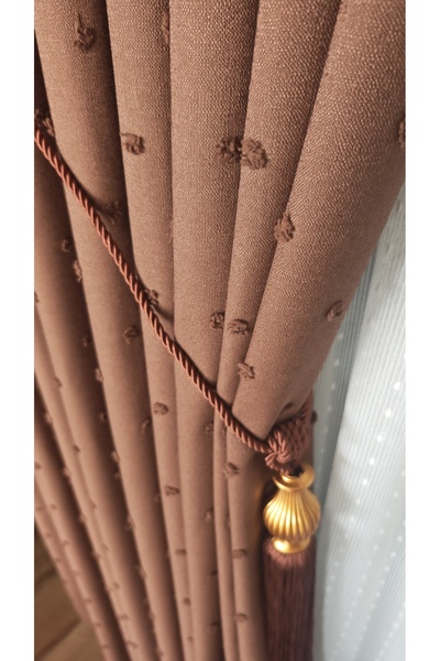 Yuka Linen Textured Pompom Brown Panel Backdrop Curtain Luxury Heavy Weight Tek Wing 1/3 Squeeze Pleated