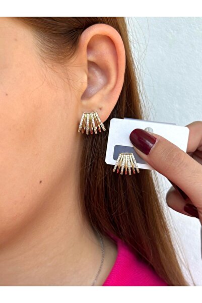 BY YASİN TOPÇU Steel Five Row Zircon Fan Earrings – Gold