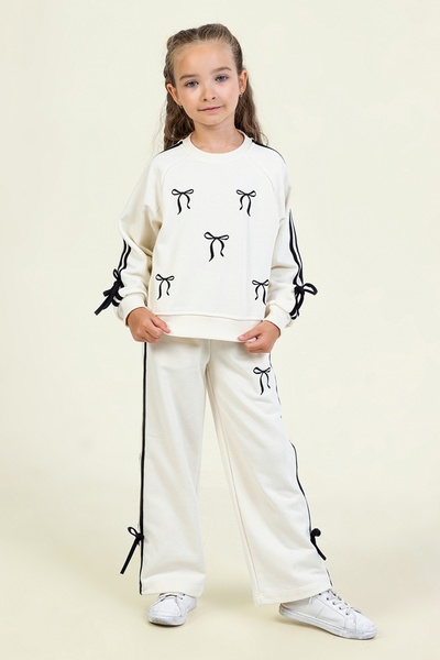 DMB BOYS & GIRLS Girl's Bow Patterned Tracksuit Set with Stripes on the Sides and Elastic Waist Comfortable Fit