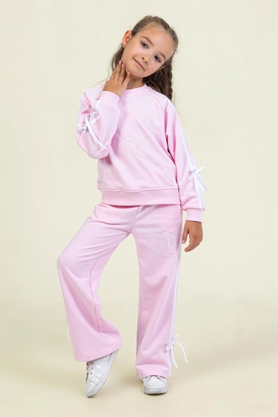DMB BOYS & GIRLS Girl's Bow Patterned Tracksuit Set with Stripes on the Sides and Elastic Waist Comfortable Fit