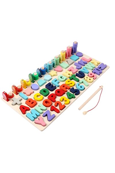 SDX Market Joc educativ Montessori din lemn, logaritmic, 4 în 1, Litere, Numere, Forme, Pescuit Magnetic