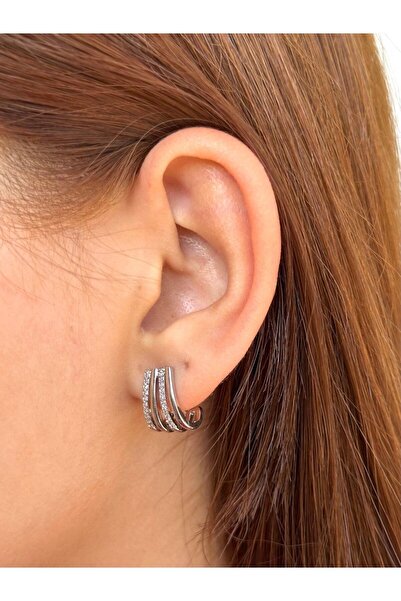 BY YASİN TOPÇU Steel Three Row Zircon Fan Earrings – Silver