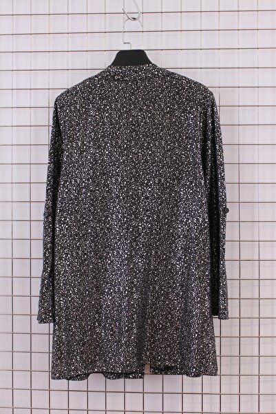 YXL COLLECTION Women's Plus Size Lycra Epaulettes Silver Foil Print Detailed Tape Collar Long Sleeve Cardigan