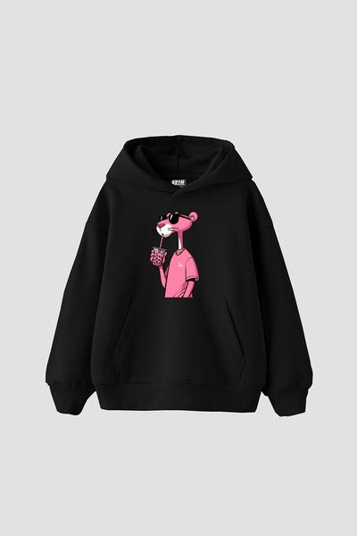 Sekizbiraltı Pink Panther V2 Printed Oversize Unisex Black Hoodie