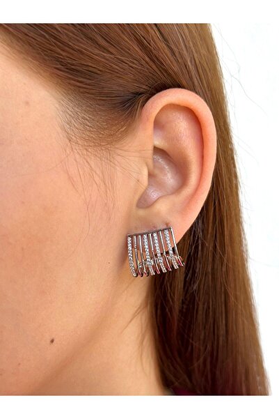BY YASİN TOPÇU Steel Multi-Row Zircon Fan Earrings – Silver