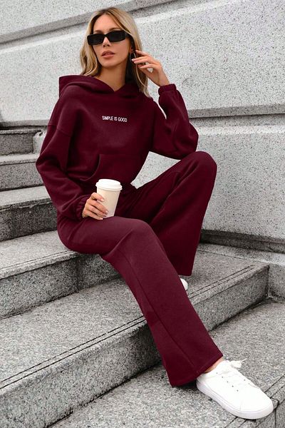 Mood Lab Women's Burgundy Palazzo Tracksuit Set