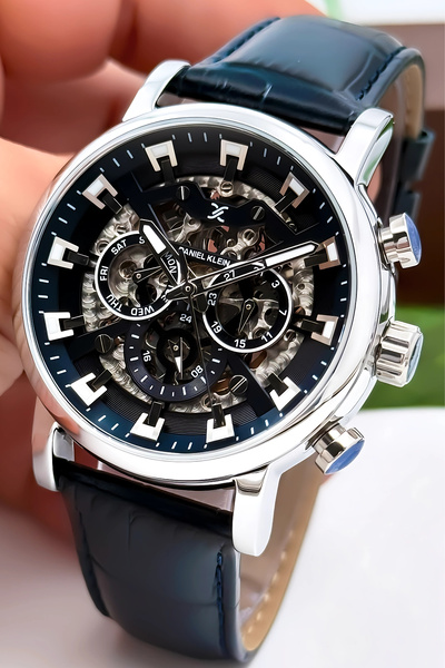 Daniel Klein Automatic Mechanism Leather Cord Steel Case Men Wrist Watch Navy Blue Zmdk1194