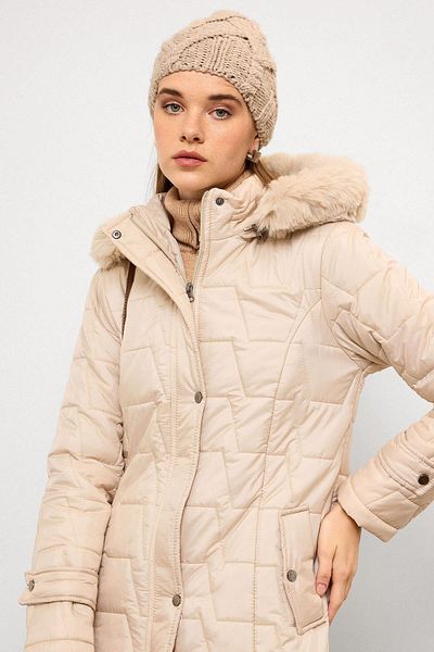Olcay Removable Fur Hooded Zipper Closure Quilted Coat Taş 6779