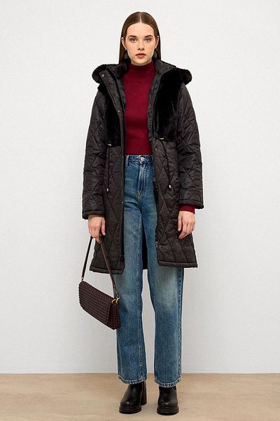 Olcay Removable Fur Hooded Plush Garnished Quilted Coat Black 6781