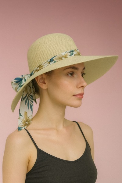 Moda Accessories 🌿   Wide Brim Straw Hat with Chain Detail and Tropical Patt...