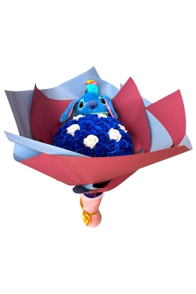 velve Buchet premium Stitch cu 51 trandafiri de sapun, Albastru-Alb