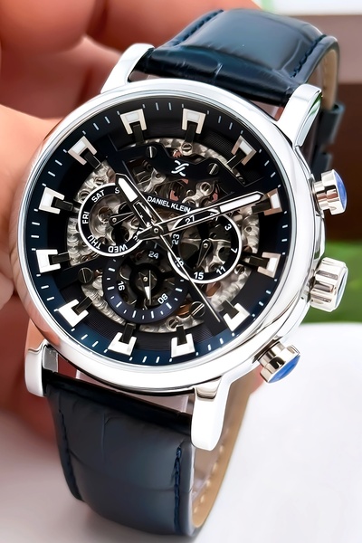 Daniel Klein Automatic Mechanism Leather Cord Steel Case Men Wrist Watch Navy Blue Zmdk1194