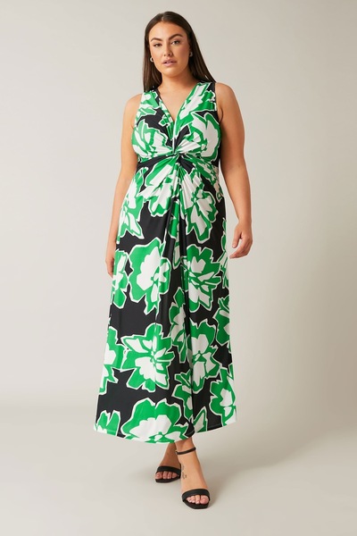 Stil Diva Plus Size V Neck Zero Sleeve Floral Print Gathered Front Maxi Dress 615376