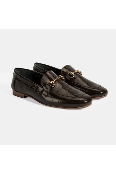 Desa Women's Brown Crocodile Printed Leather Loafer with Buckle Detail