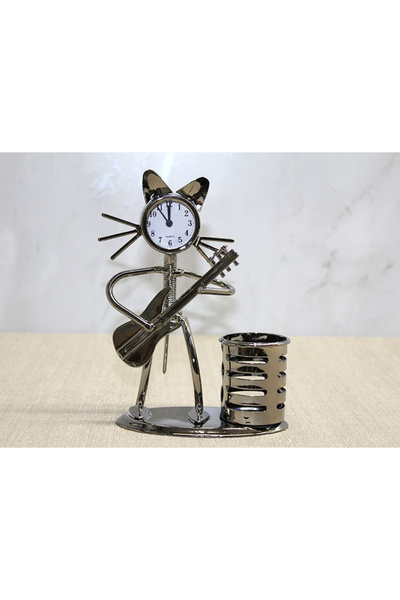 MEKs Metal Guitar Playing Musician Cat Clock and Pen Holder