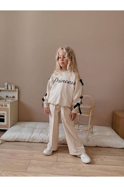 YİGİT BUTİK Bow Detailed Printed Girl's Top and Bottom Set