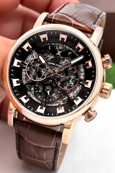 Daniel Klein Automatic Mechanism Leather Cord Steel Case Men Wrist Watch Coffee-Rose Zmdk1194