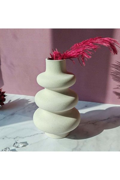 Generic Wave Design Ceramic Vase - Medium, Off White Modern Pampas Flower Vas...