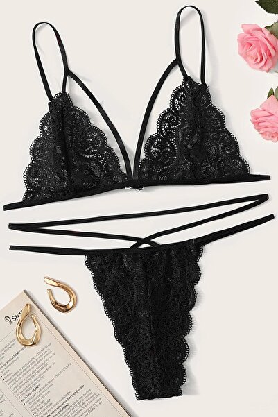 babatr.com Дамски комплект бикини с черен дантелен сутиен