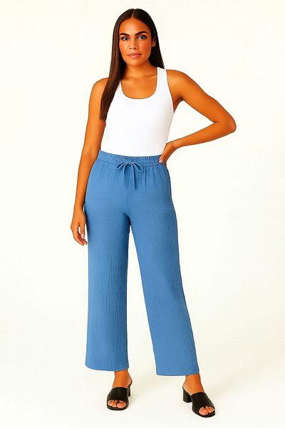enmodaiçgiyim Blue 100% Cotton Muslin Fabric Wide Leg Comfortable Fit Women's Trousers with Two Pockets
