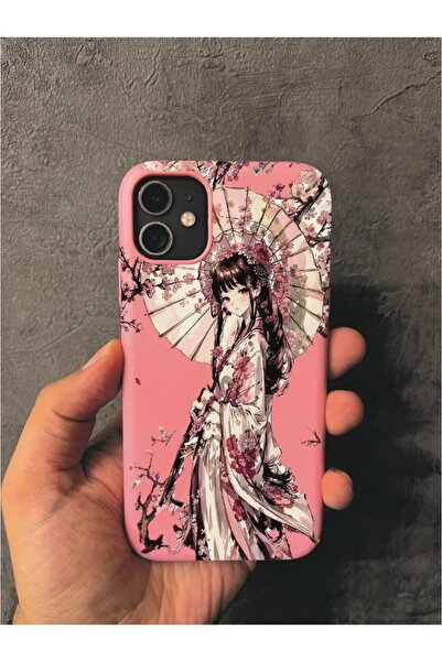 ALYACEPSTORE CASE İPHONE 11 Uyumlu Japon Kimonolu Şemsiyeli Kız Desenli Pembe Kılıf