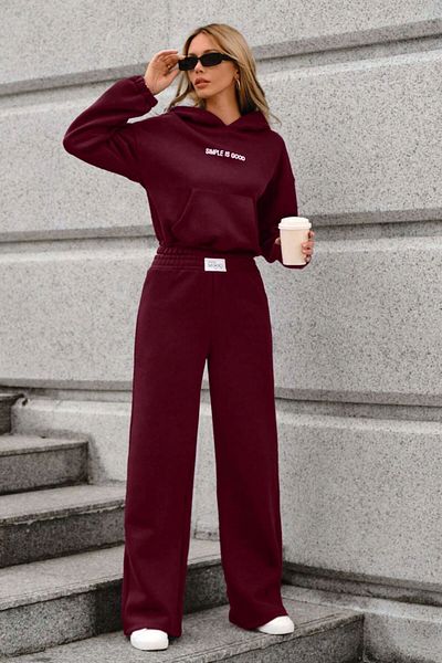 Mood Lab Women's Burgundy Palazzo Tracksuit Set
