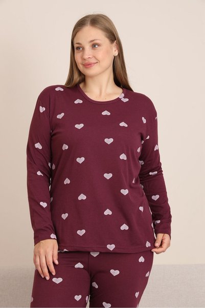 STELLAPİNK Battal Long Sleeve Hearted Pajama Set - Bordo