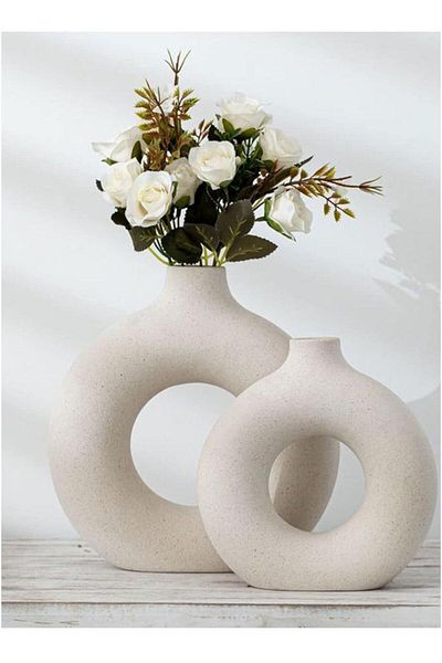 Generic HOMESTAR Set of 2 Ceramic Hollow Donut Vase Off White Vases for Decor Nordic Minimalism Style Weddi