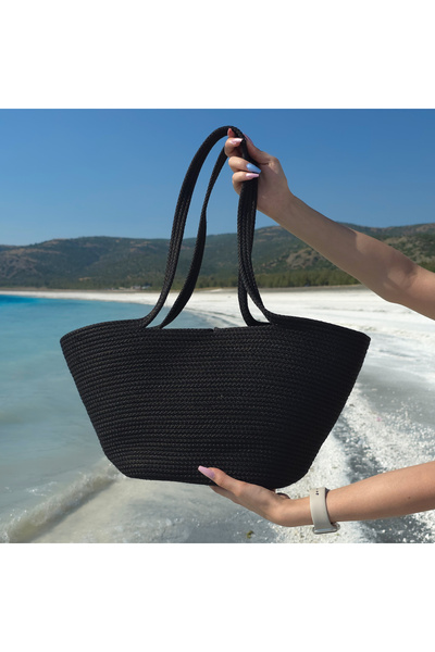 LinaHouse Black Premium Knitted Cord Rope Beach Bag - Large Size, Large Volume, Daily Women's Shoulder Bag